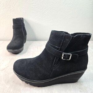 Skechers Comfort Wedge Booties Memory Foam Suede Black Platform Moto Boots Sz 11